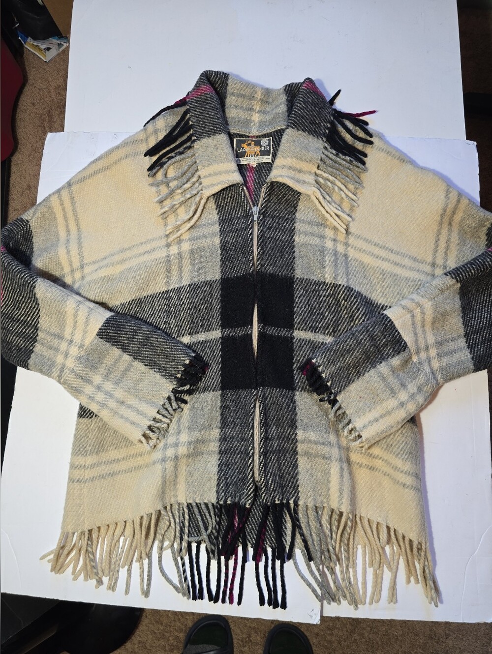 Lapplander Mens Plaid Fringe Zip-Front Jacket Cream & Black Size 40